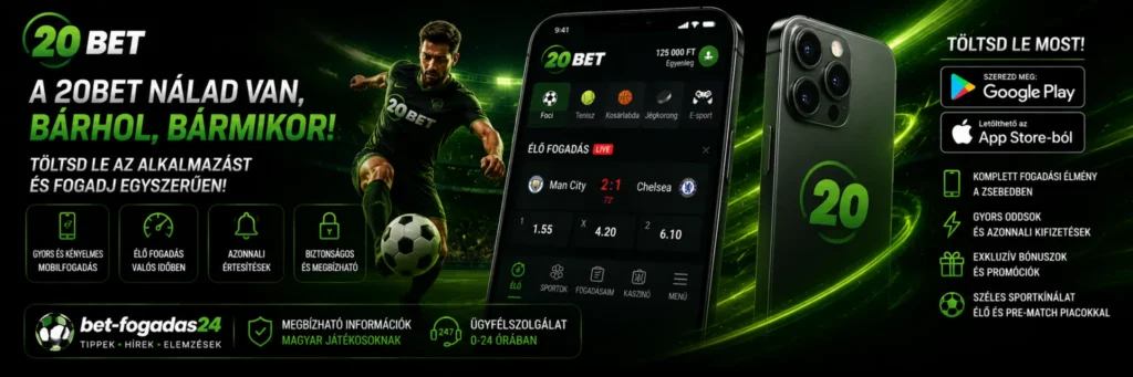 20Bet mobilalkalmazás – banner a 20Bet Android és iOS mobilalkalmazásáról, az élő fogadásról, a gyors fizetési lehetőségekről és a biztonságos mobilos sportfogadásról.