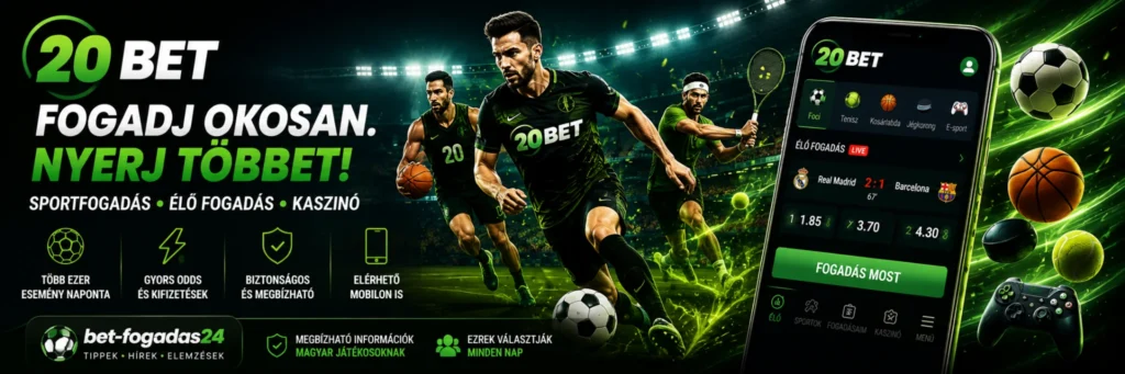 20Bet sportfogadás – általános banner a 20Bet sportfogadási kínálatáról, az élő fogadásról, a mobilplatformról és a biztonságos használatról.