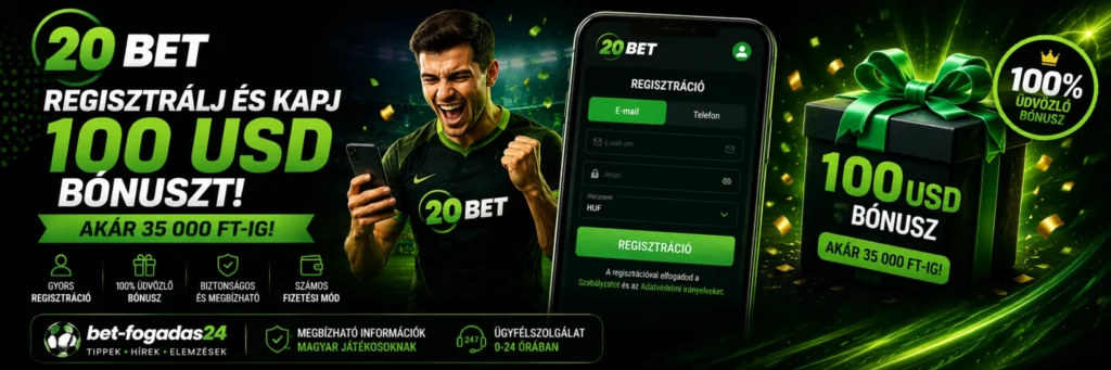 20Bet regisztráció és bónusz – banner a gyors regisztrációról, a 100 USD értékű, akár 35 000 Ft-os üdvözlő bónuszról és a biztonságos fizetési lehetőségekről.