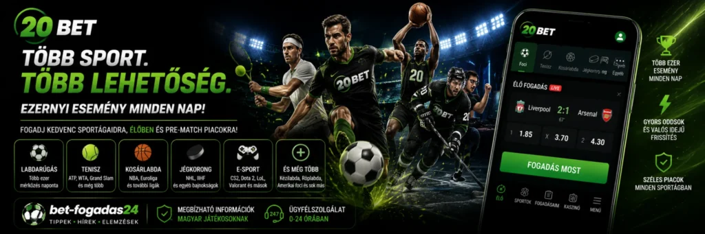 20Bet sportfogadás – banner a széles sportfogadási kínálatról, az élő fogadásról, a legnépszerűbb sportágakról és a 20Bet mobilplatformjáról.
