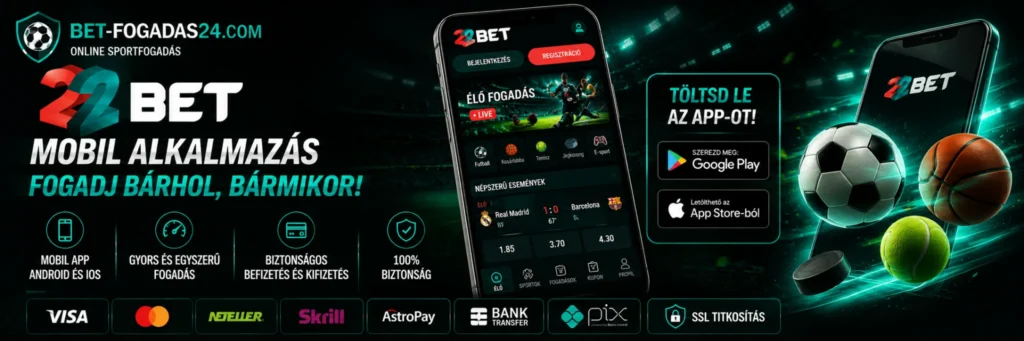 22Bet mobilalkalmazás – banner a 22Bet Android és iOS mobilalkalmazásáról, az élő fogadásról, a biztonságos fizetési lehetőségekről és a mobilos sportfogadás előnyeiről.