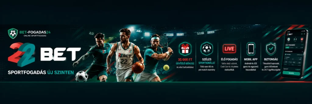 22Bet sportfogadás – áttekintő banner a 22Bet szolgáltatásairól, 35 000 Ft-os üdvözlő bónusszal, élő fogadással, mobilalkalmazással és széles sportfogadási kínálattal.