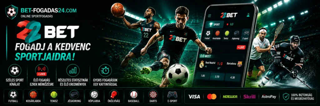 22Bet sportfogadás – banner a széles sportkínálatról, az élő fogadásról, a részletes statisztikákról és a 22Bet mobilplatformjáról.