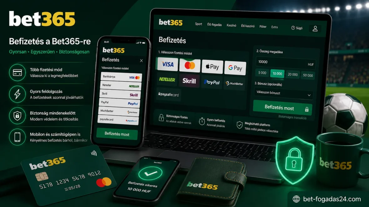 Bet365 befizetés – illusztráció a fizetési módokról, a biztonságos tranzakciókról és a mobilos befizetés folyamatáról.