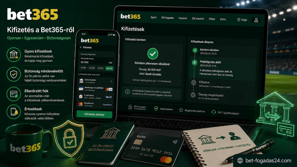Bet365 kifizetés – illusztráció a pénzkifizetési folyamatról, a biztonságos tranzakciókról és a kifizetési módokról a Bet365 platformján.