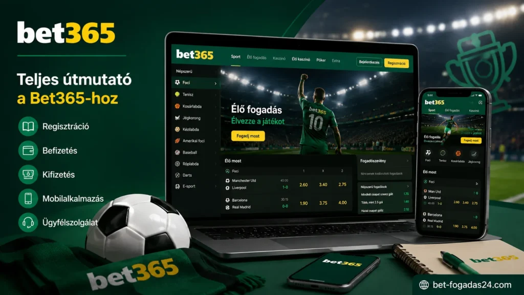 Bet365 Magyar útmutató – a Bet365 kezdőoldala laptopon és mobiltelefonon, a legfontosabb funkciók áttekintésével.