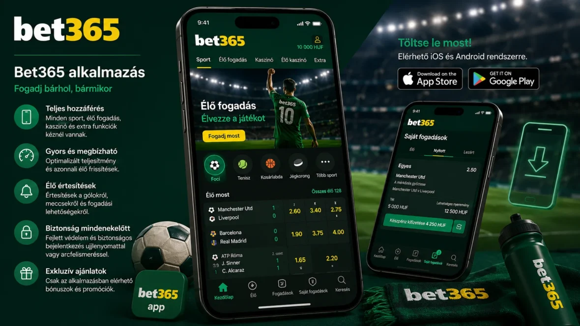 Bet365 mobilalkalmazás – illusztráció a Bet365 alkalmazásáról Android és iPhone készülékeken, élő fogadással és mobilfunkciókkal.