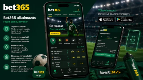 Bet365 mobilalkalmazás – illusztráció a Bet365 alkalmazásáról Android és iPhone készülékeken, élő fogadással és mobilfunkciókkal.