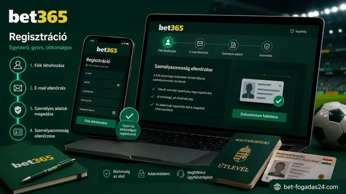 Bet365 regisztráció – illusztráció a regisztrációs folyamatról, a személyazonosság ellenőrzéséről és a Bet365 mobilplatformjáról.