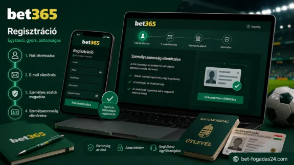 Bet365 regisztráció – illusztráció a regisztrációs folyamatról, a személyazonosság ellenőrzéséről és a Bet365 mobilplatformjáról.
