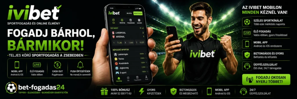 Ivibet mobilalkalmazás – banner az Ivibet Android és iOS mobilalkalmazásáról, az élő fogadásról, a Push értesítésekről, a Cash Out funkcióról és a biztonságos mobilos sportfogadásról.