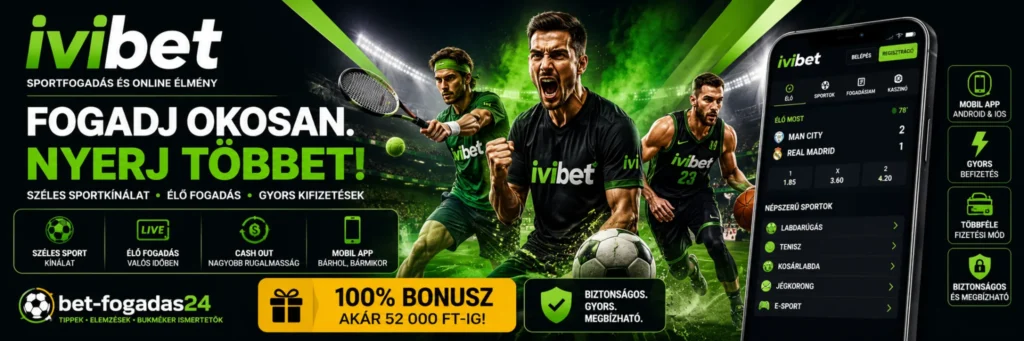 Ivibet sportfogadás – általános banner az Ivibet sportfogadási kínálatáról, az élő fogadásról, a Cash Out funkcióról, a mobilalkalmazásról és a 100%-os, akár 52 000 Ft-os üdvözlő bónuszról.
