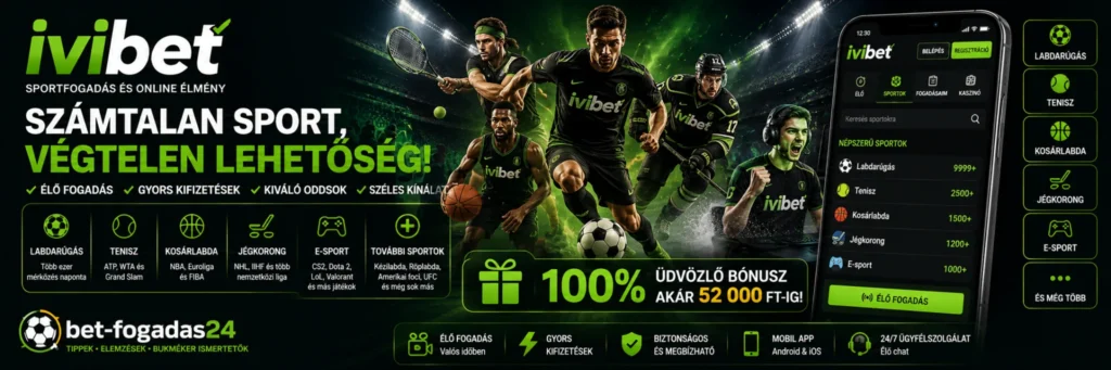 Ivibet sportfogadás – banner a széles sportfogadási kínálatról, az élő fogadásról, a legnépszerűbb sportágakról, a kiváló oddsokról és a 100%-os, akár 52 000 Ft-os üdvözlő bónuszról.